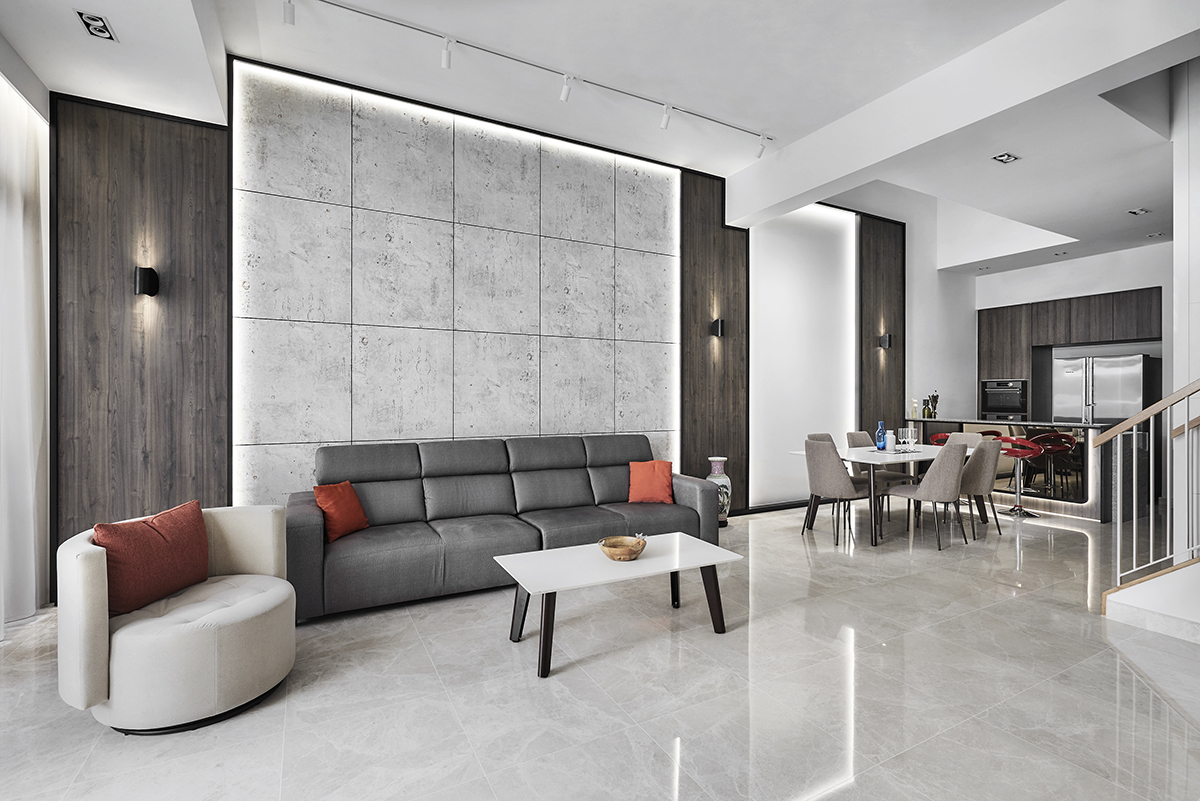 squarerooms richfield integrated home renovation makeover terrace house 5 bedroom minimalist luxury luxurious black and white monochromatic luxe yio chu kang living room grey feature wall lights red cushions