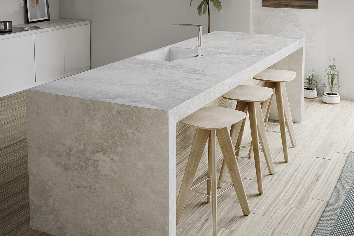 squarerooms cosentino kitchen island counter desert style neutral minimalist quartz surface stools