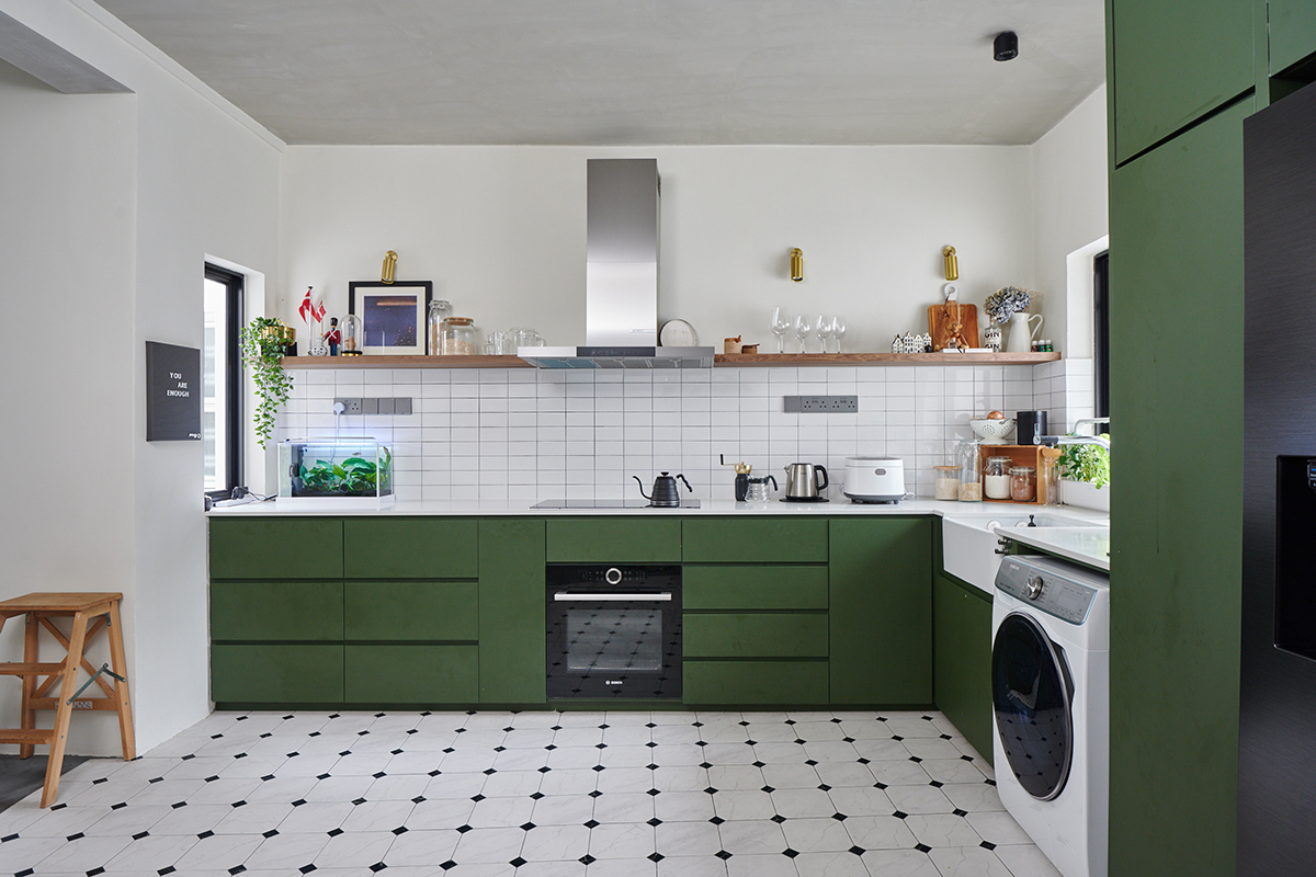 squarerooms eightytwo interior design home renovation apartment makeover singapore contemporary style look moh guan kitchen green cabinets white tiles pattern