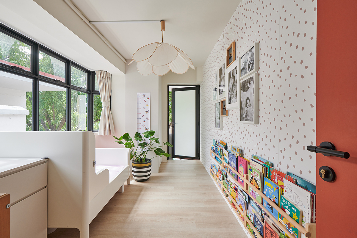 squarerooms eightytwo interior design home renovation apartment makeover singapore contemporary style look moh guan kids room bedroom red pink cute pattern wallpaper