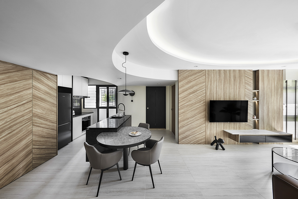 squarerooms notion of w home renovation hdb bto flat minimalist luxury monochromatic black and white wood communal area living room dining kitchen curved ceiling