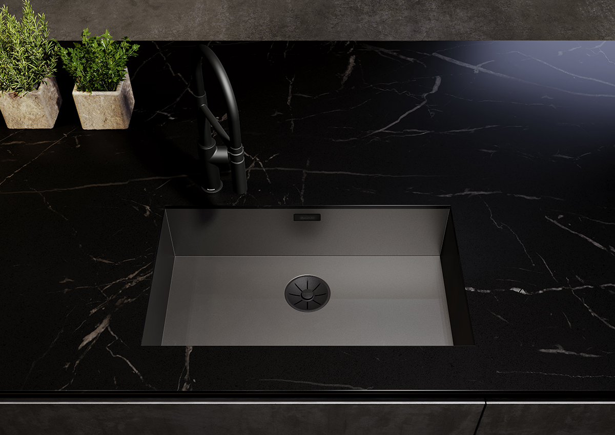 squarerooms blanco kitchen sink black dark countertop quartz marble plants