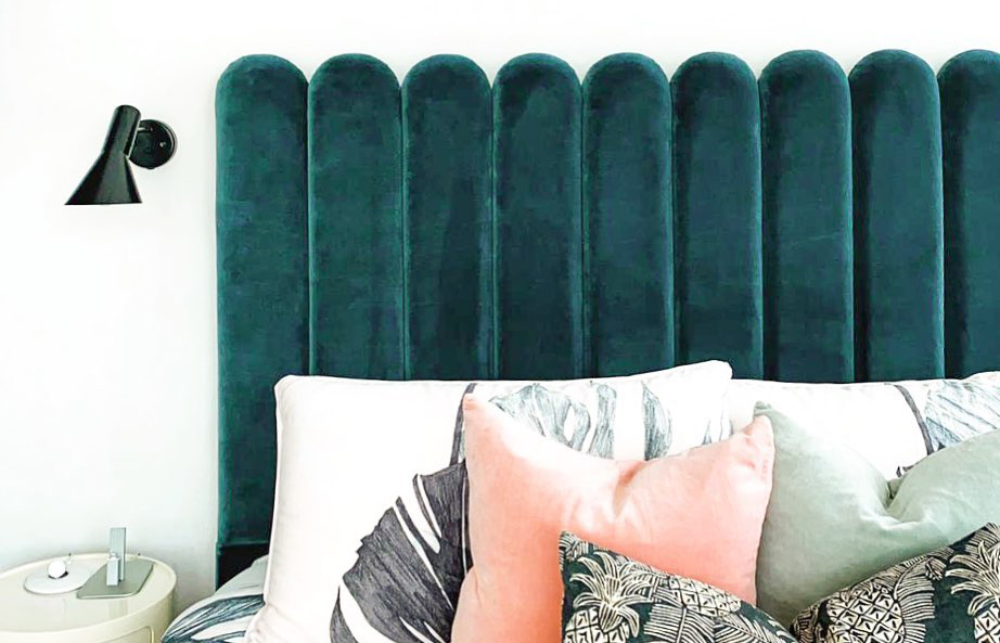 squarerooms blafink custom upholstery headboard emerald green scalloped bedroom luxurious