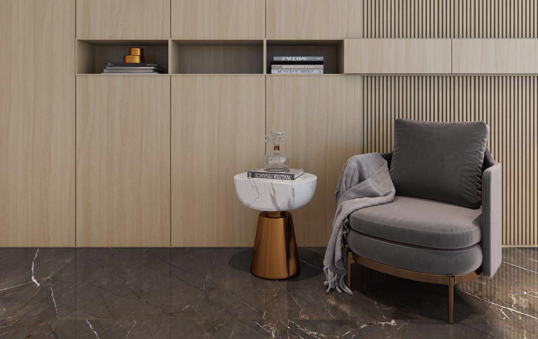 squarerooms arova high pressure laminates wood panel look feature wall armchair light luxury