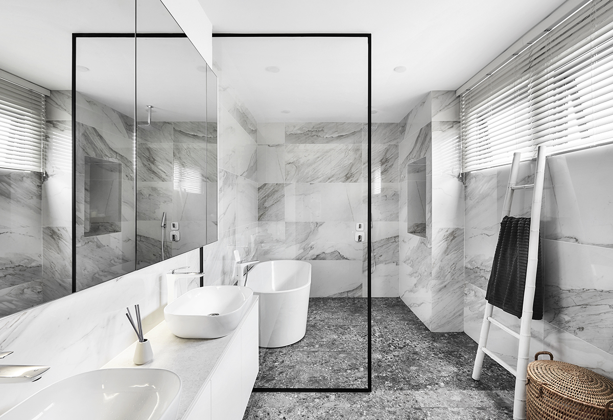 squarerooms notion of w home renovation landed house luxury monochromatic minimalist design black and white grand opulent big property bathroom grey marble shower toilet