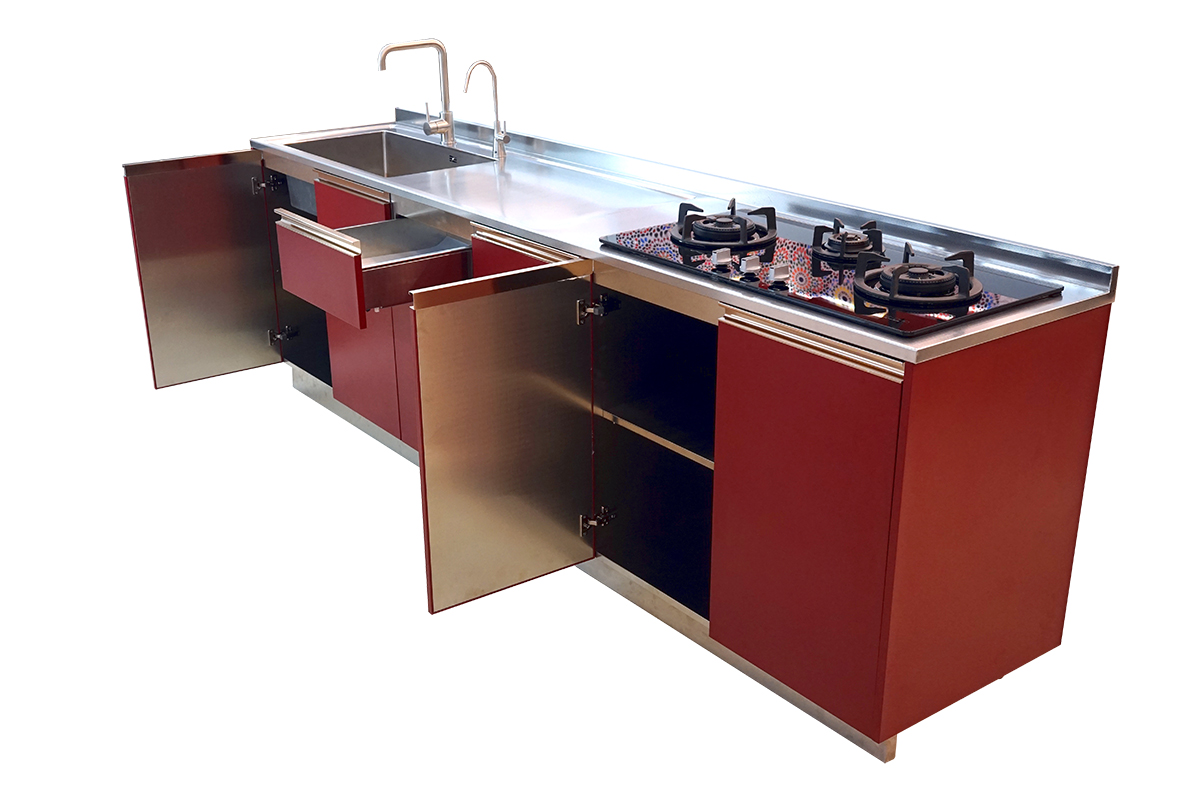squarerooms song cho european style kitchen red cabinets stainless steel counter open doors panels