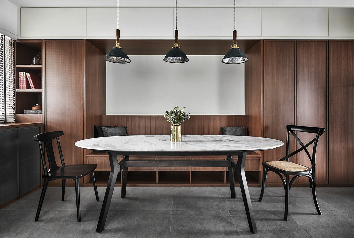 squarerooms happe design atelier hda studio home renovation makeover 3 room resale hdb flat contemporary dining room area red cherry wood grey marble table