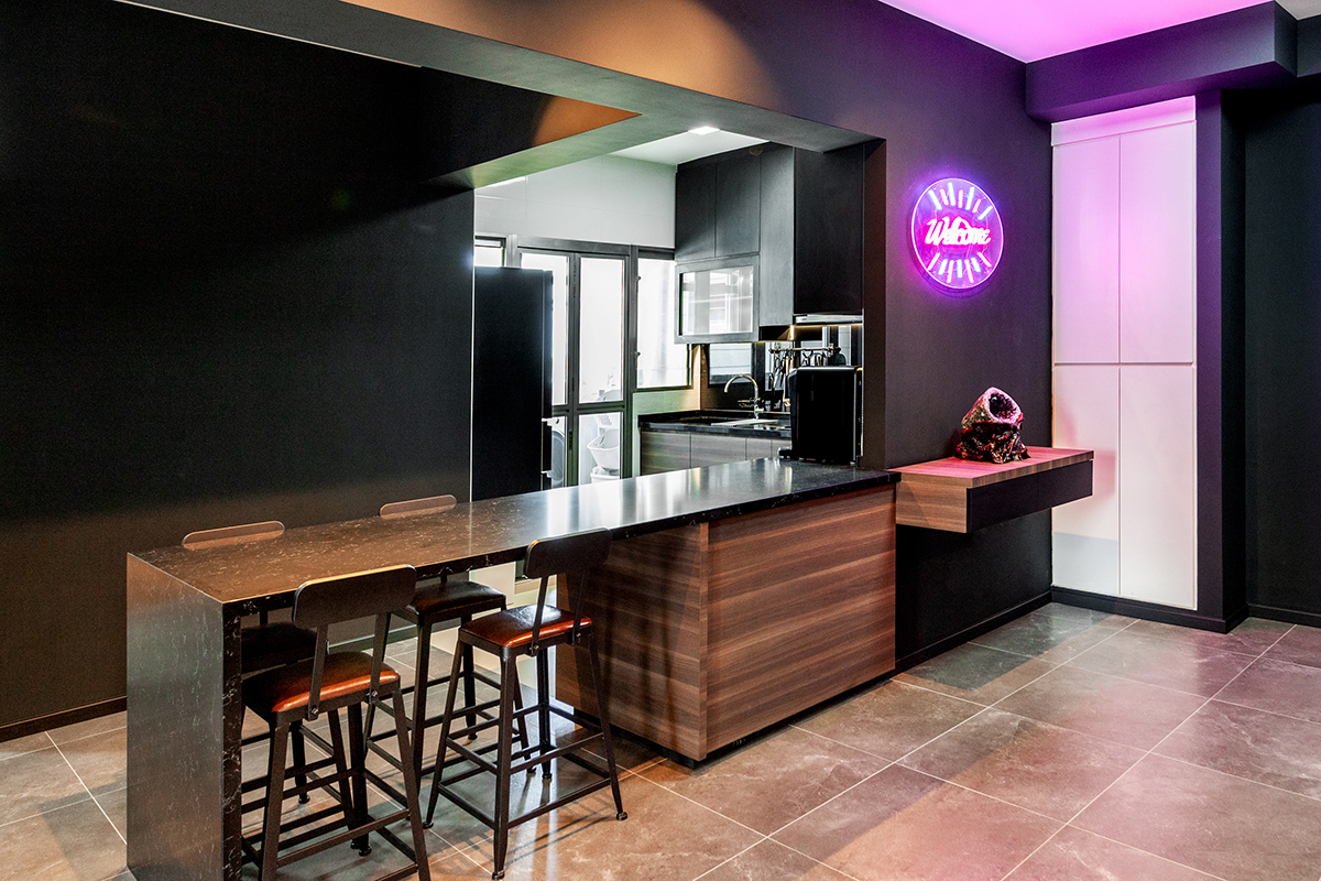 squarerooms darwin interior 4 room bto flat hdb home renovation modern contemporary dark kitchen open concept island neon