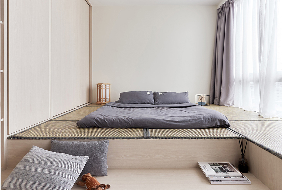 squarerooms happe design atelier japandi home renovation makeover storage space platform living room bedroom floor tatami futon bedding