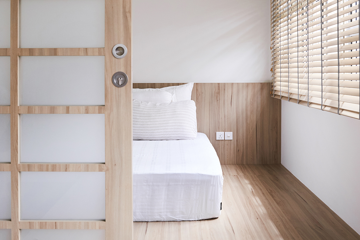 squarerooms Lush Interior Design shoji japandi japanese door bedroom wood mattress white floor