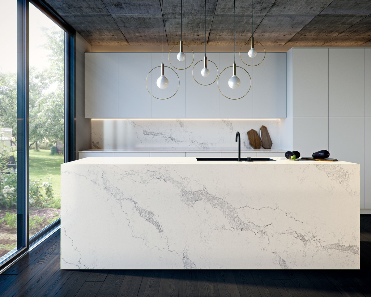 squarerooms caesarstone statuario maximus engineered quartz whitelight collection light interior kitchen surfaces island marble look design