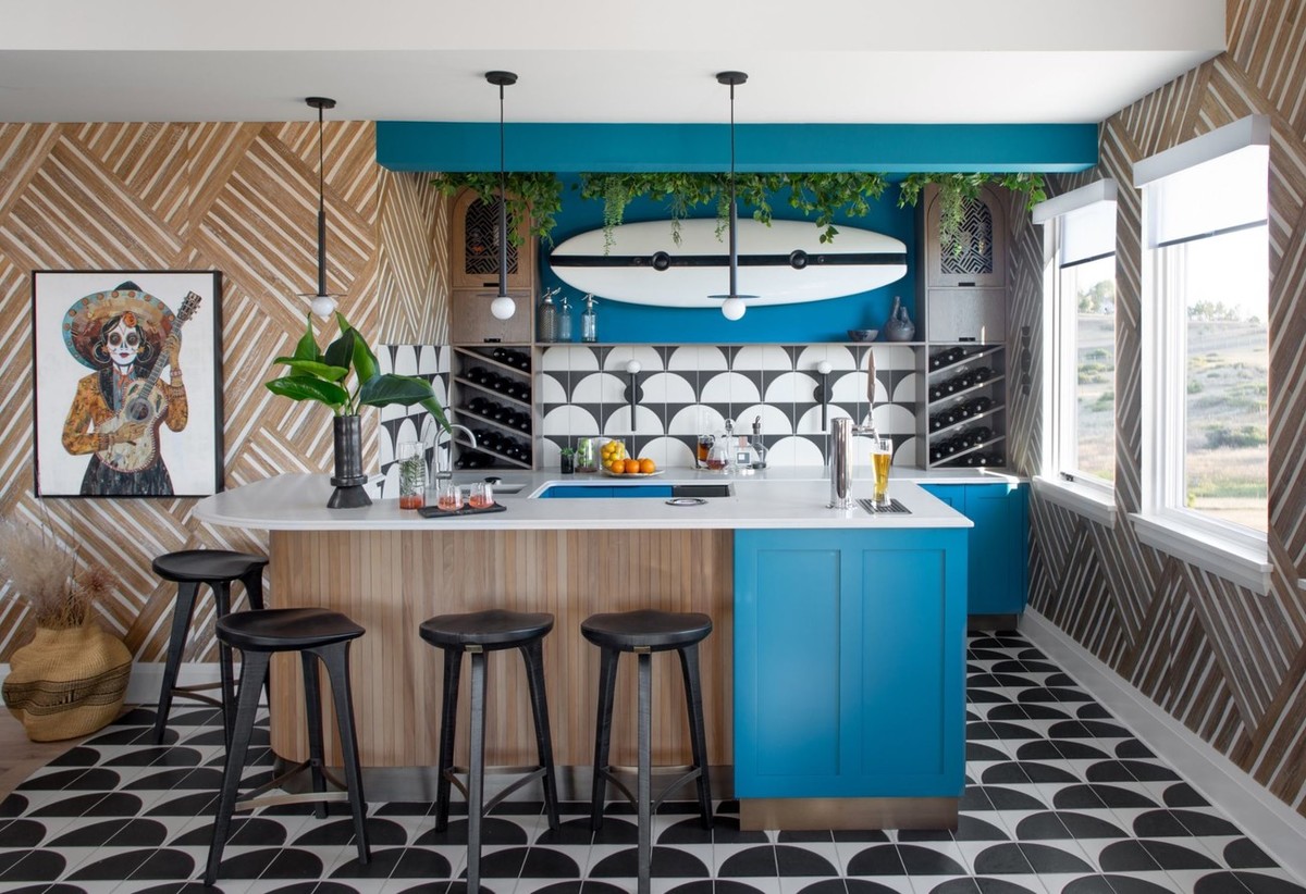 squarerooms caesarstone countertop white surface kitchen alpine mist blue cabinets pattern tiles floor walls maximalist maximalism