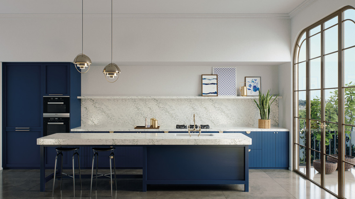 squarerooms caesarstone whitelight collection engineered quartz surfaces kitchen countertop white cream bright contemporary arabetto dark blue cabinets