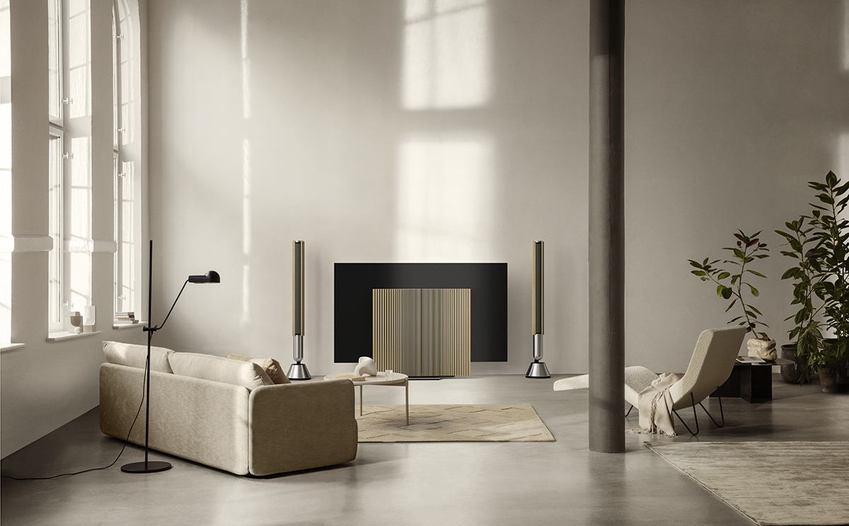 squarerooms bang and olufsen living room speakers modern luxury minimalist minimalism white cream house fireplace