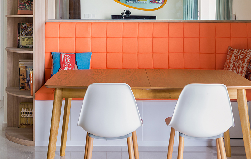 squarerooms free space intent fsi dining table curved wood chairs orange bright colourful