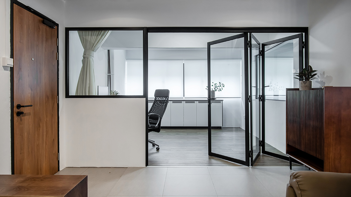 squarerooms inizio atelier interior design home renovation makeover hdb 5 room resale flat industrial contemporary monochromatic sleek open space clear folding glass door office study