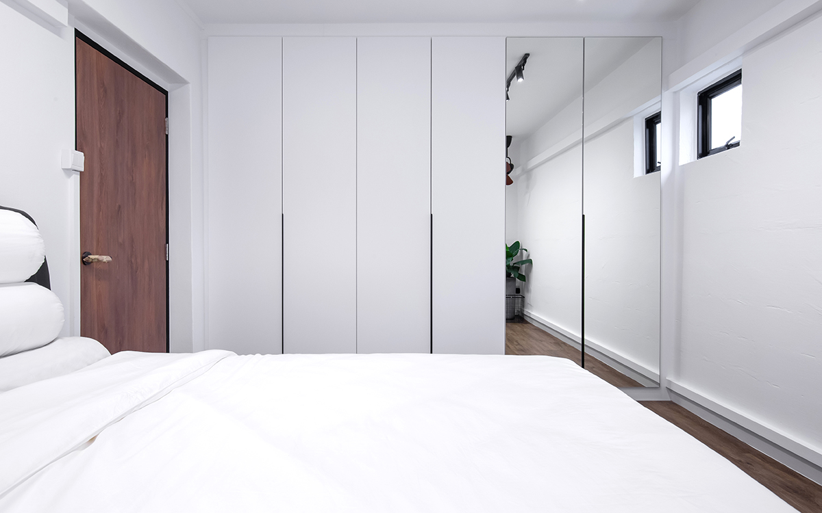 squarerooms inizio atelier interior design home renovation makeover hdb 5 room resale flat industrial contemporary monochromatic sleek bedroom white sheets