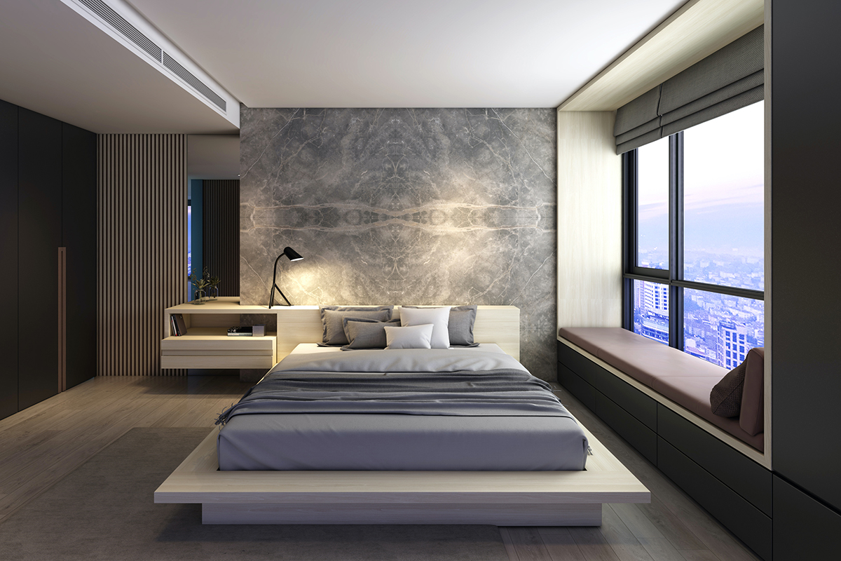 squarerooms lamitak laminates bookmatched Montignoso marble look bedroom grey monochromatic modern