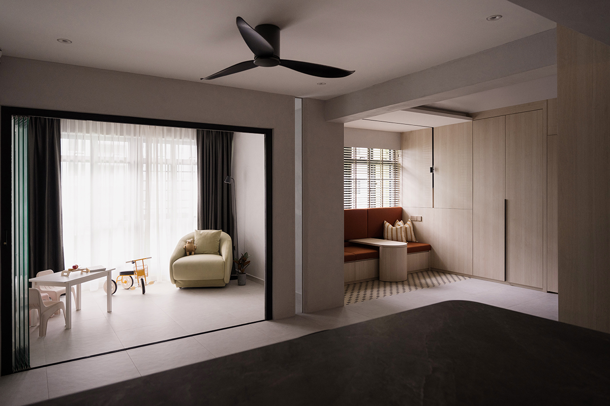 squarerooms kdot associates minimalist home interior grey monochromatic modern living room dining