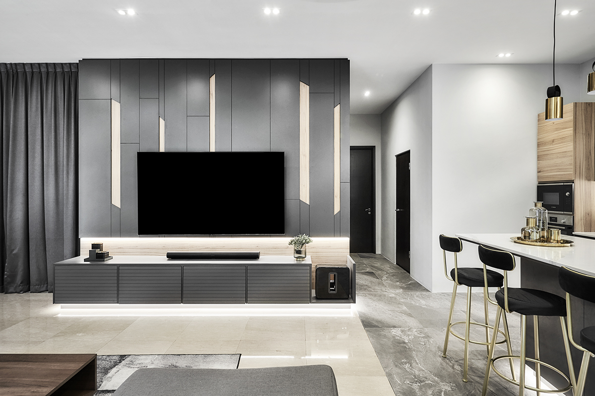squarerooms richfield integrated interior design home makeover style look renovation landed property house large big luxury luxurious monochromatic black and white modern living room tv feature wall