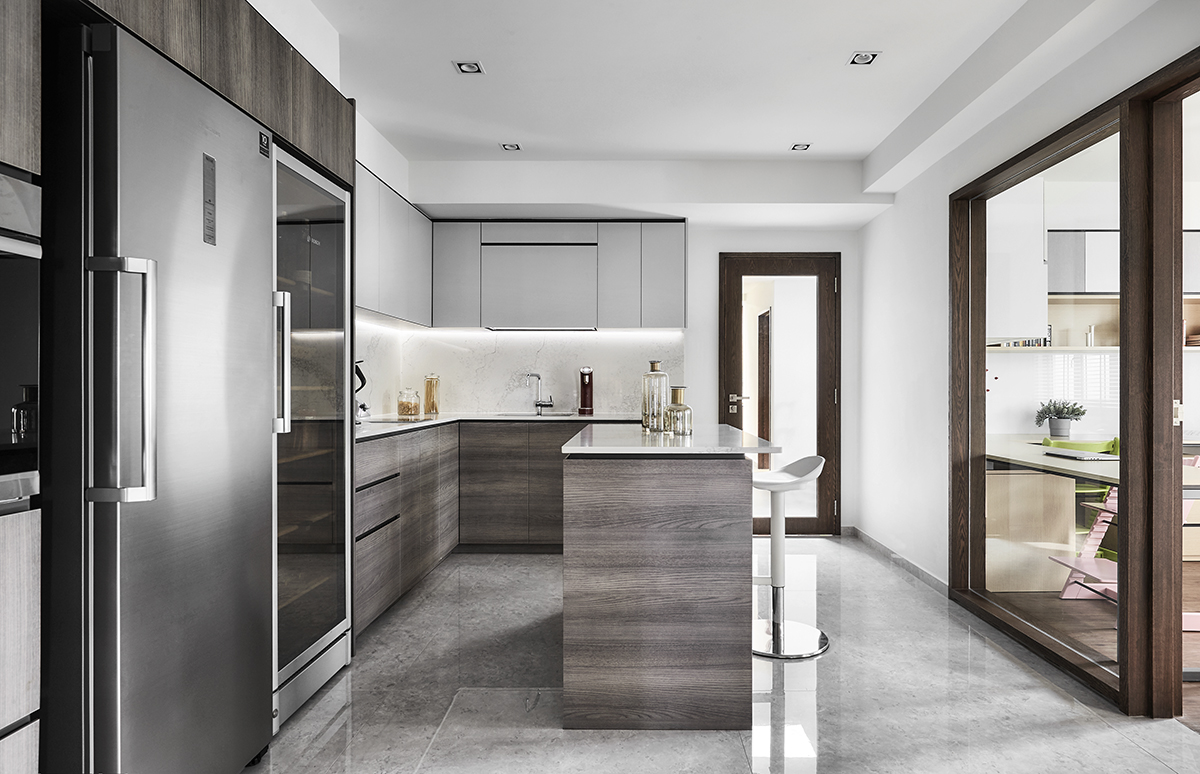 squarerooms richfield integrated home design renovation style look makeover landed semi-detached house property modern luxury luxurious monochromatic minimalist kitchen grey island glossy floor tiles