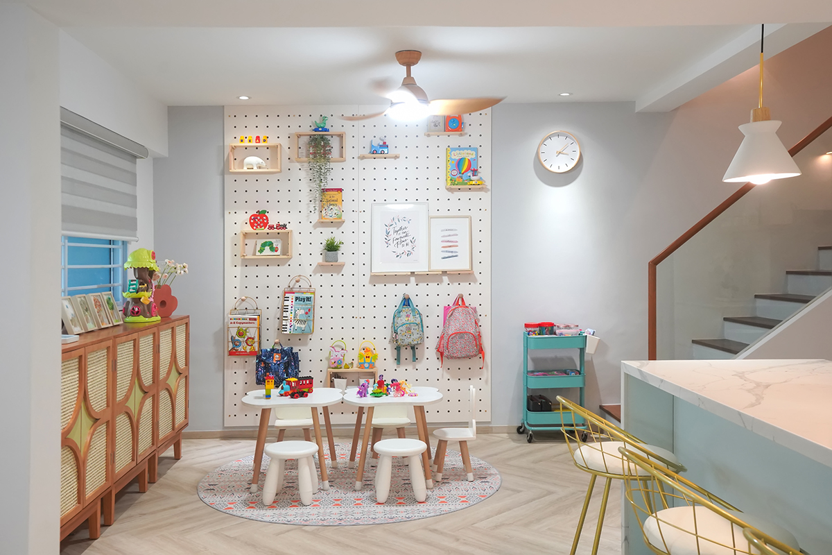 squarerooms styled by pt priscilla tan dining room kids play area storage vertical cute pastel blue white pink