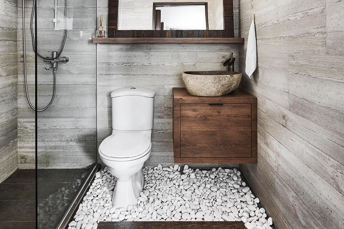squarerooms Design Zage bathroom desert style minimalist wood grey rocks white stone floor rustic