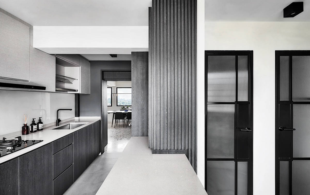squarerooms happe design atelier home renovation 4 room resale hdb flat modern design makeover open concept kitchen space grey black and white monochromatic