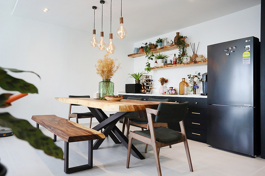 squarerooms Monoloft kitchen wood table black fridge modern contemporary rustic design plants