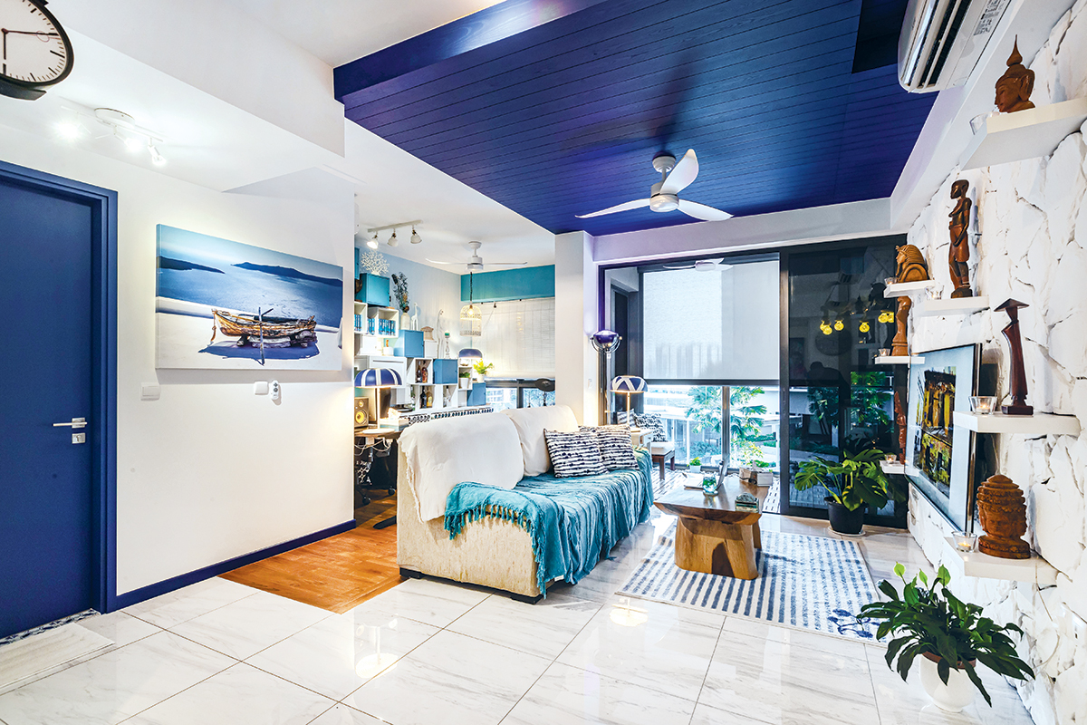 squarerooms renozone blue mediterranean greek greece santorini inspired condo flat singapore renovation makeover interior design bold colourful white potong pasir living room overall view feature wall ceiling fan