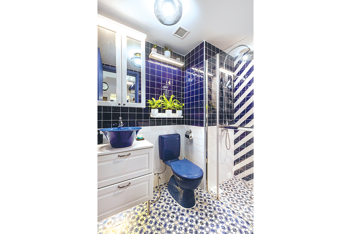 squarerooms renozone blue mediterranean greek greece santorini inspired condo flat singapore renovation makeover interior design bold colourful white potong pasir bathroom toilet pattern tiles