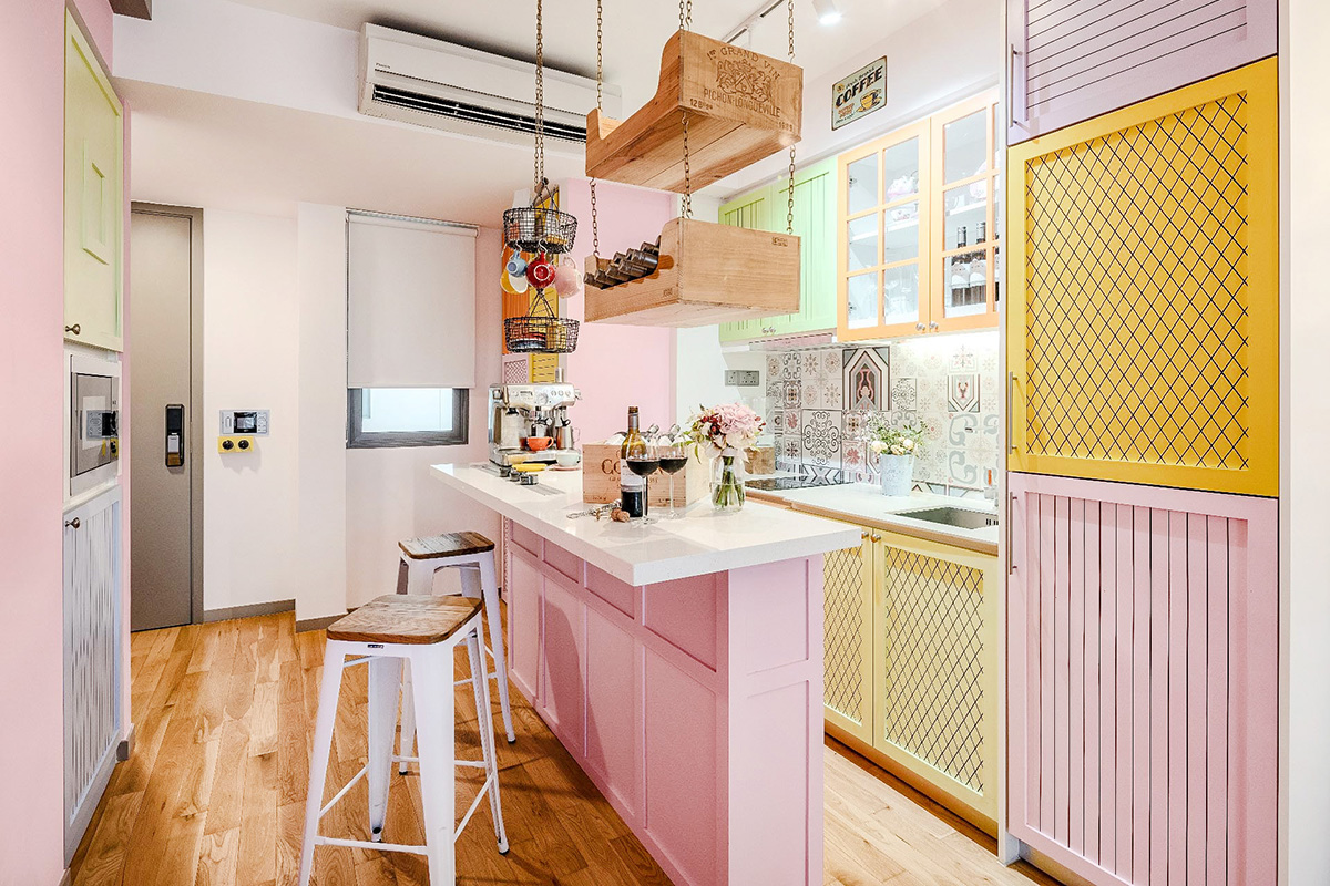 squarerooms WEIKEN.com interior kitchen pastel pink yellow bright colourful bold design candy yummy delicious