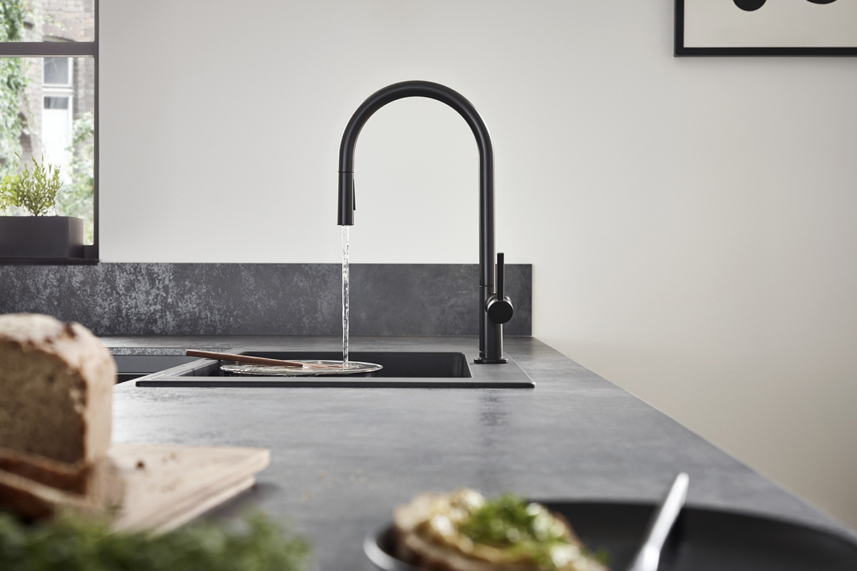 squarerooms hansgrohe talis m54 faucet tap kitchen sink mixer grey countertop surface water flow black