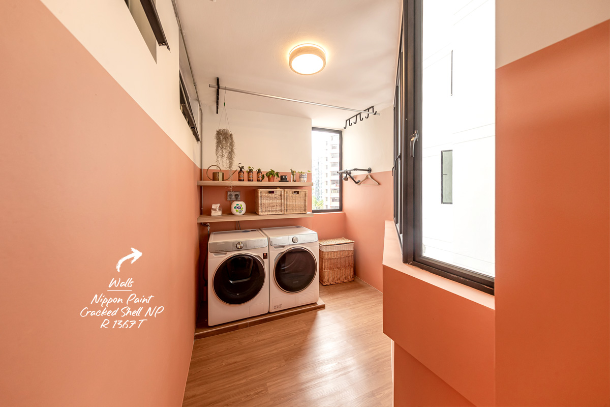 squarerooms swiss interior home renovation 4A 4 room hdb resale flat eclectic style design look makeover cosy peach salmon wall laundry room service yard cute lively warm inviting tones white half paint
