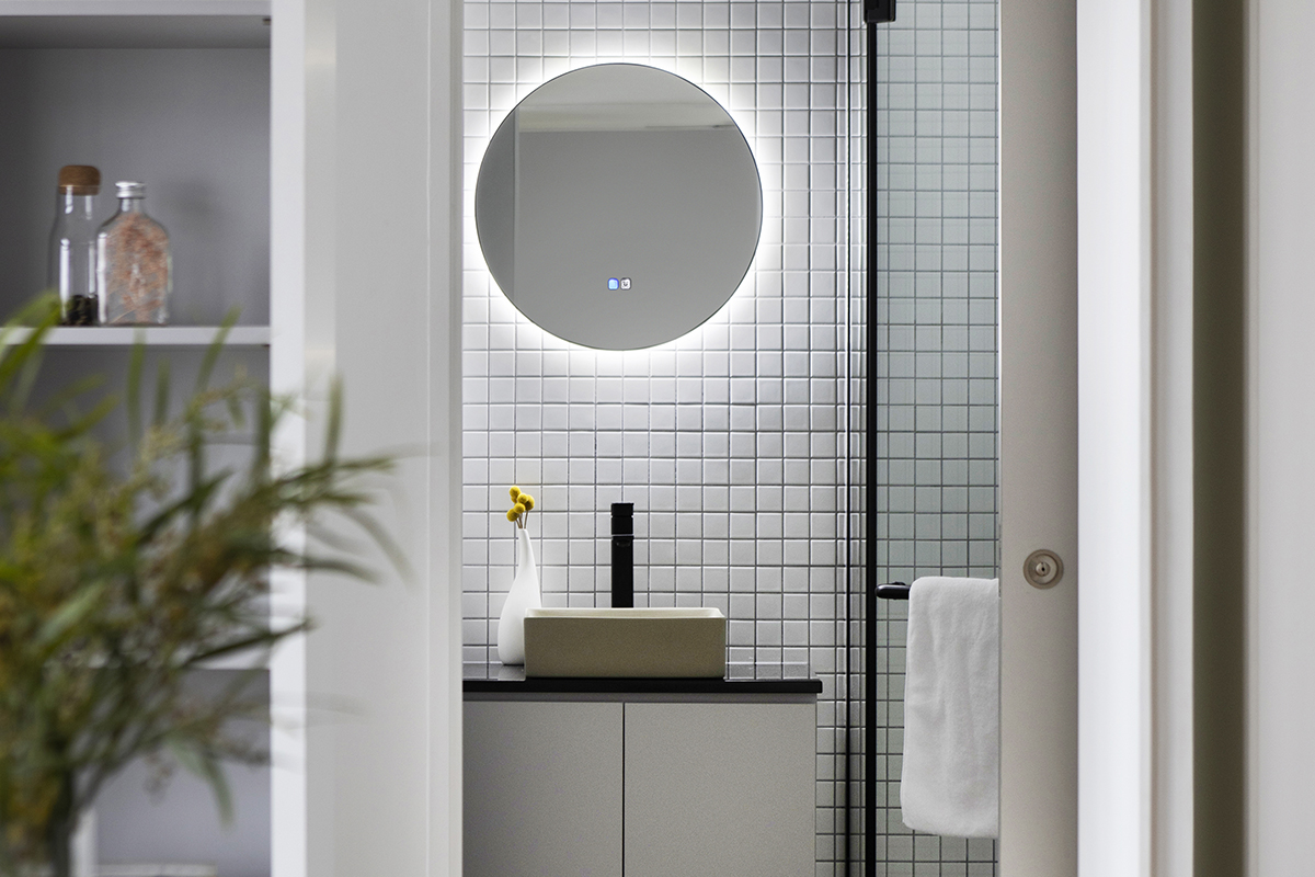 squarerooms d'marvel scale interior design makeover hdb 3 room bto flat look style minimalist monochromatic modern black and white bathroom pastel pale blue mirror round light