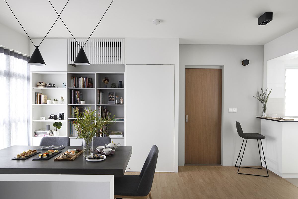 squarerooms d'marvel scale interior design makeover hdb 3 room bto flat look style minimalist monochromatic modern black and white dining area open space concept wood floors