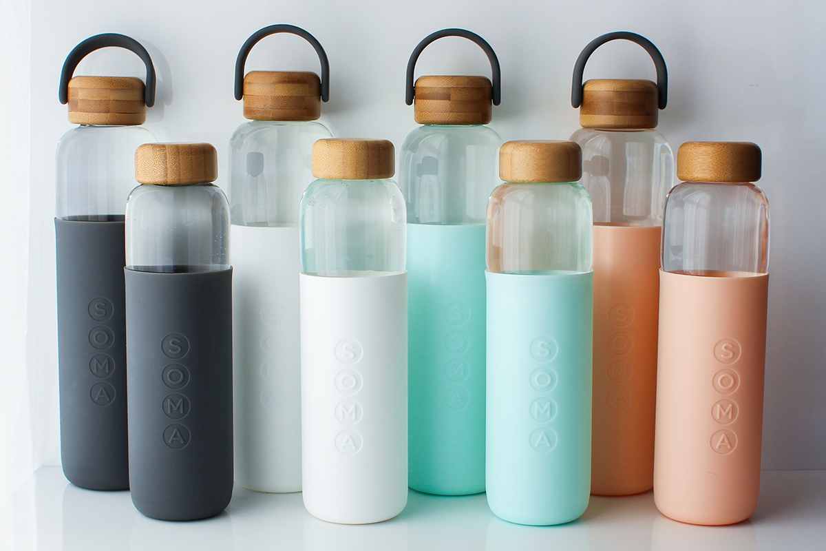 squarerooms water bottles soma pastel silicone sleeve wood bamboo cap sustainable water glass