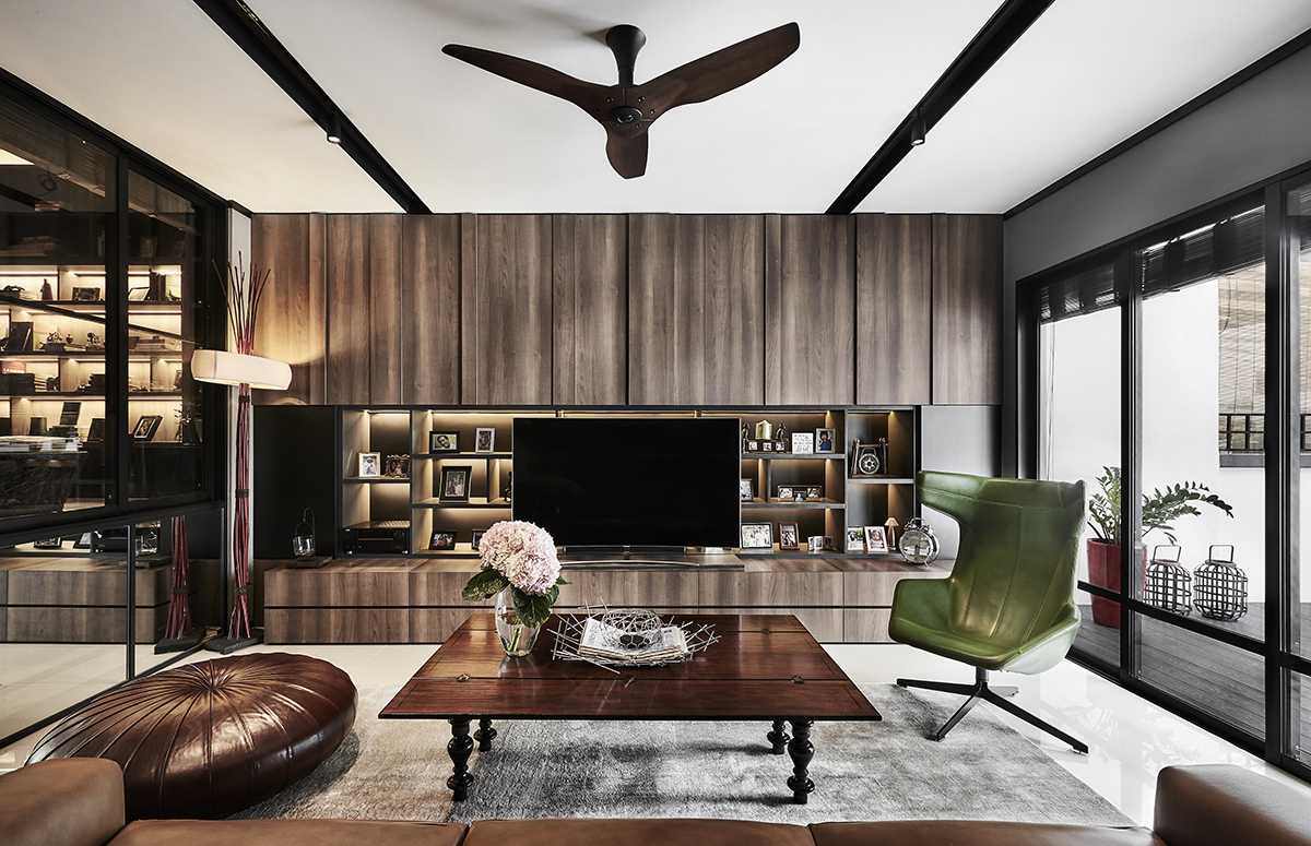 squarerooms akiHAUS singapore local home renovation interior design makeover look style living room wood feature wall tv planks moody rustic