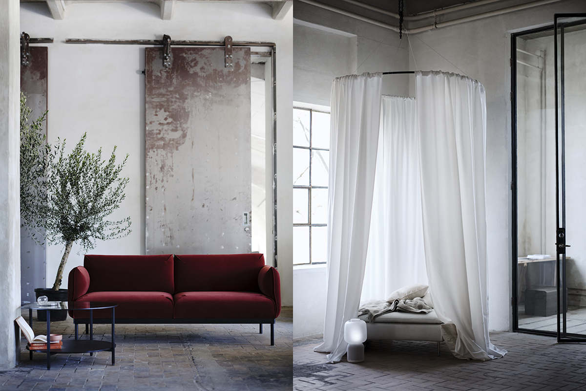 squarerooms ikea ÄPPLARYD and GUNNALAUG new collections sofa red deep dark sound absorbing white curtain sheer