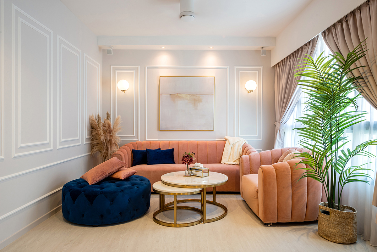 squarerooms cozyspace interior design renovation hdb flat 4 room bto makeover home flat apartment cosy feminine vintage contemporary eclectic pastel pink soft aesthetic living room area couch sofa curved rounded princess ornamental