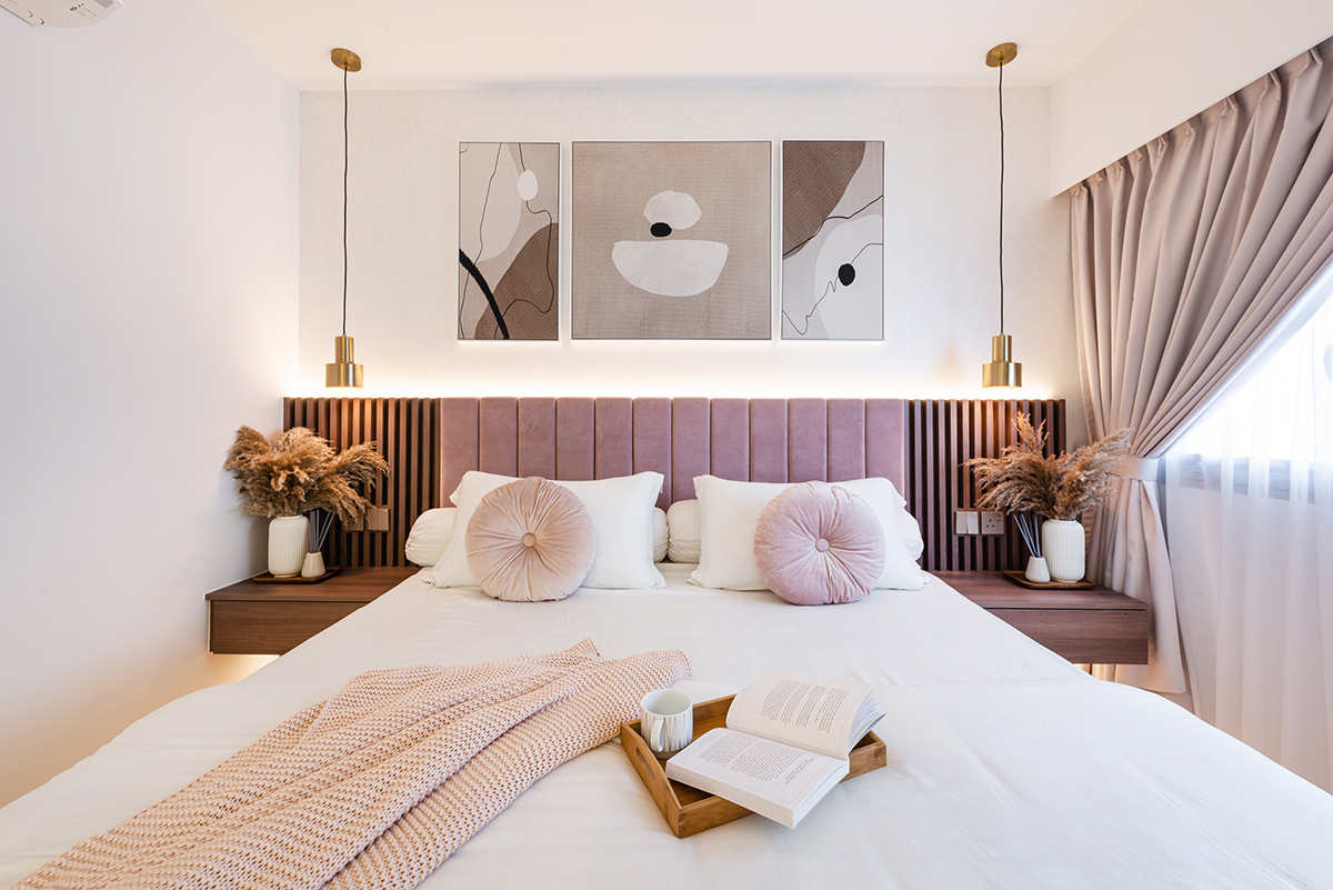 squarerooms cozyspace interior design renovation hdb flat 4 room bto makeover home flat apartment cosy feminine vintage contemporary eclectic pastel pink soft aesthetic bedroom headboard cushions artwork lamps