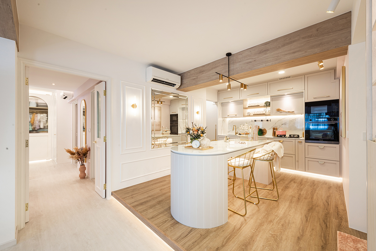 squarerooms cozyspace interior design renovation hdb flat 4 room bto makeover home flat apartment cosy feminine vintage contemporary eclectic pastel pink soft aesthetic kitchen island rounded curved white elegant luxury wood floors