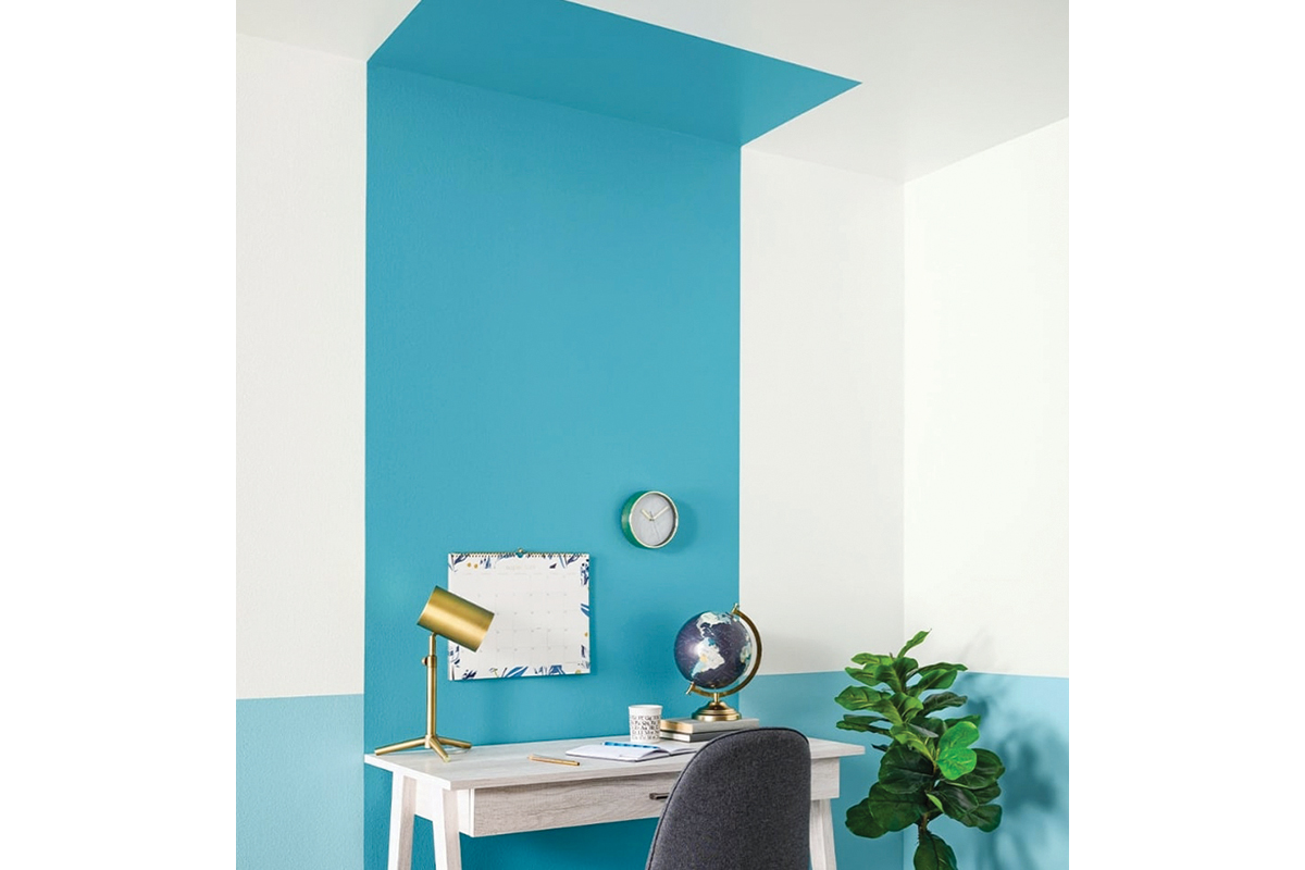 squarerooms Purdy blue wall colour blocking streak ceiling elongate room desk home office study