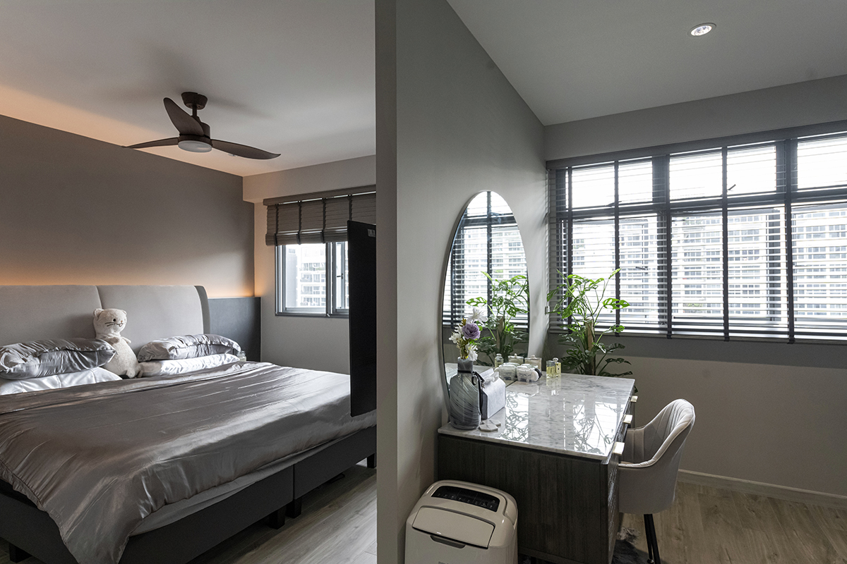 squarerooms darwin interior renovation hdb flat 4 room bto modern monochromatic minimalist design style aesthetic look home black grey white bedroom