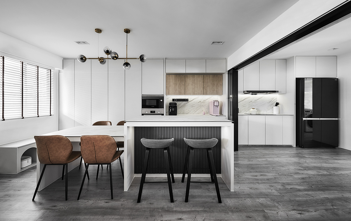 squarerooms blend by imc home renovation bukit batok 4 room hdb bto flat design makeover singapore minimalist contemporary modern grey white kitchen dining island