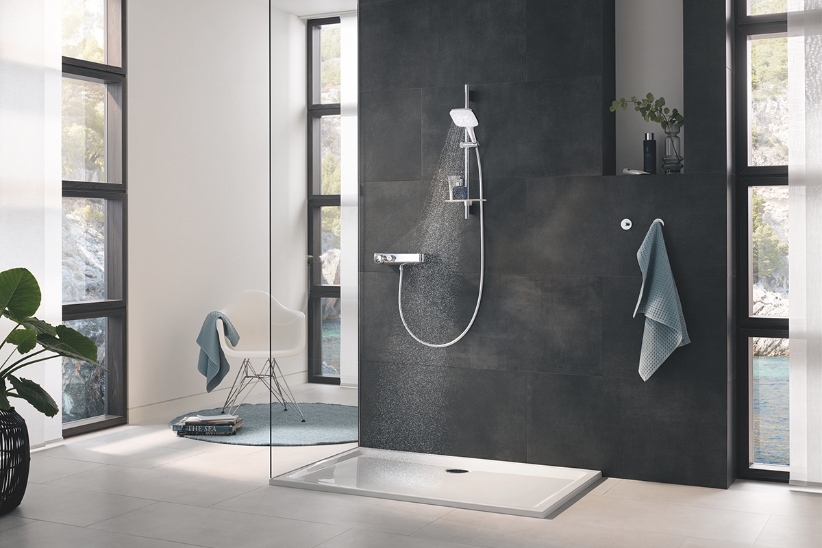 squarerooms grohe hand shower smartactive rainshower bathroom monochrome monochromatic black and white grey modern luxury