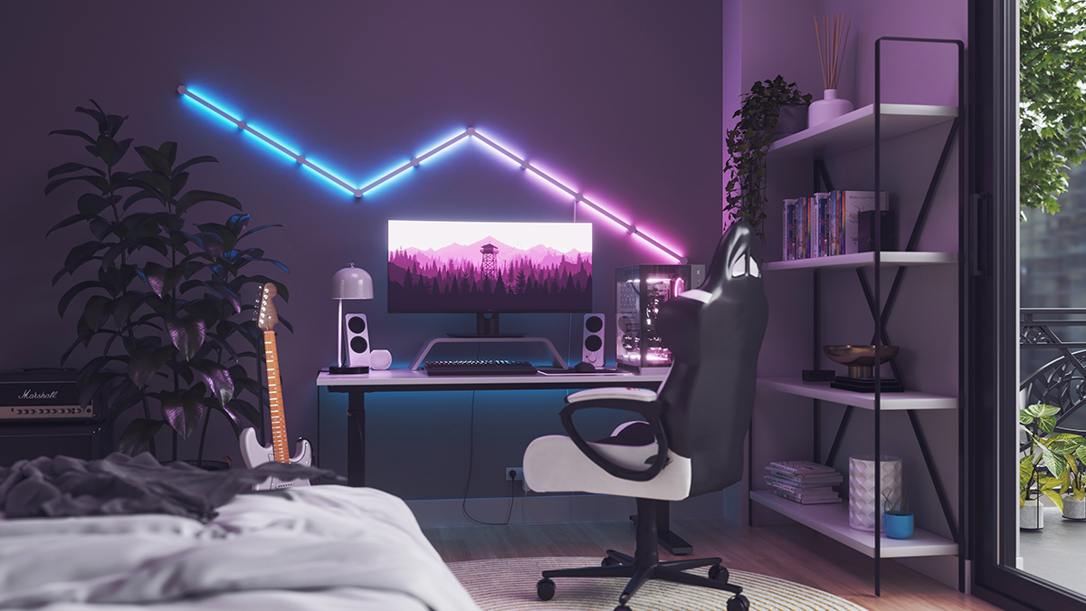 squarerooms nanoleaf lines lights gaming room edgy modern bright gamer aesthetic lamps smart sync monitor tv