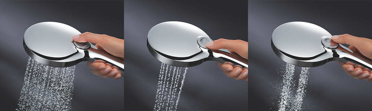 squarerooms grohe hand shower smartactive rainshower bathroom monochrome monochromatic black and white grey modern luxury water button hand