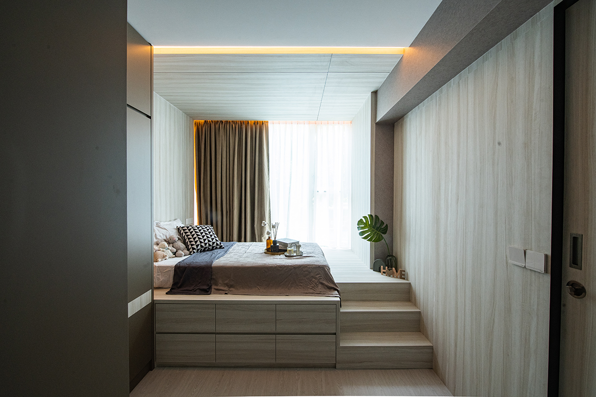 squarerooms swift interior design renovation home makeover condominium unit singapore tanah merah cosy contemporary style bedroom white wood light bright platform stairs