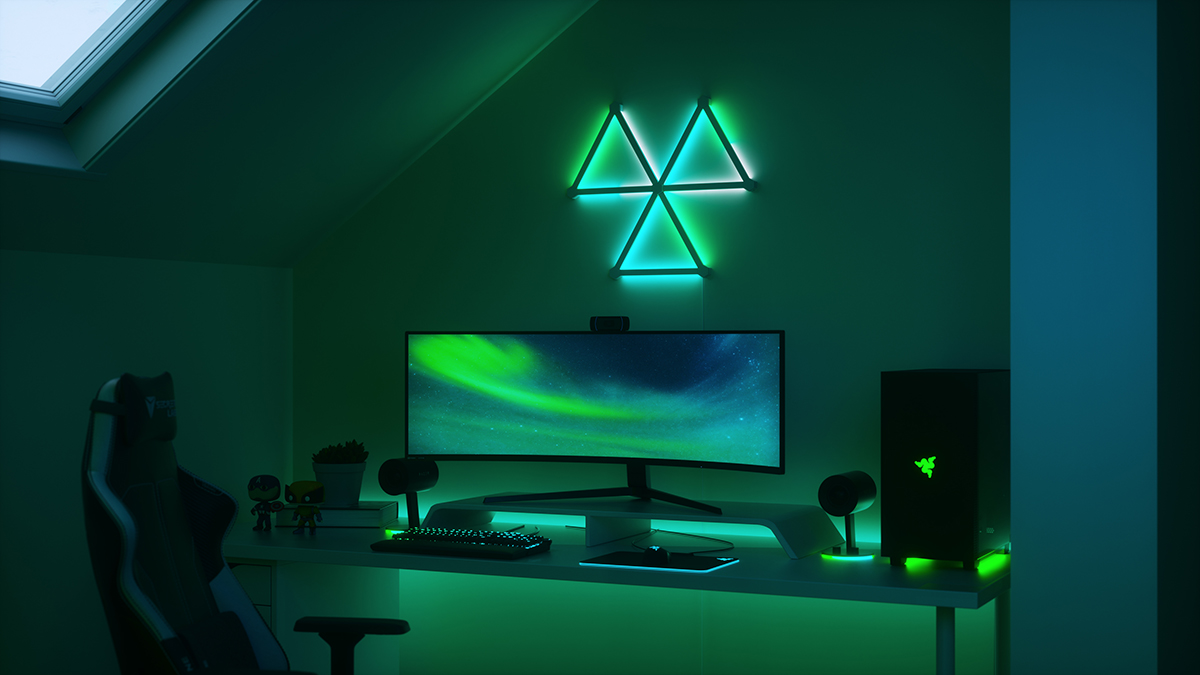 squarerooms nanoleaf lines lights gaming room edgy modern bright gamer aesthetic lamps smart sync monitor tv